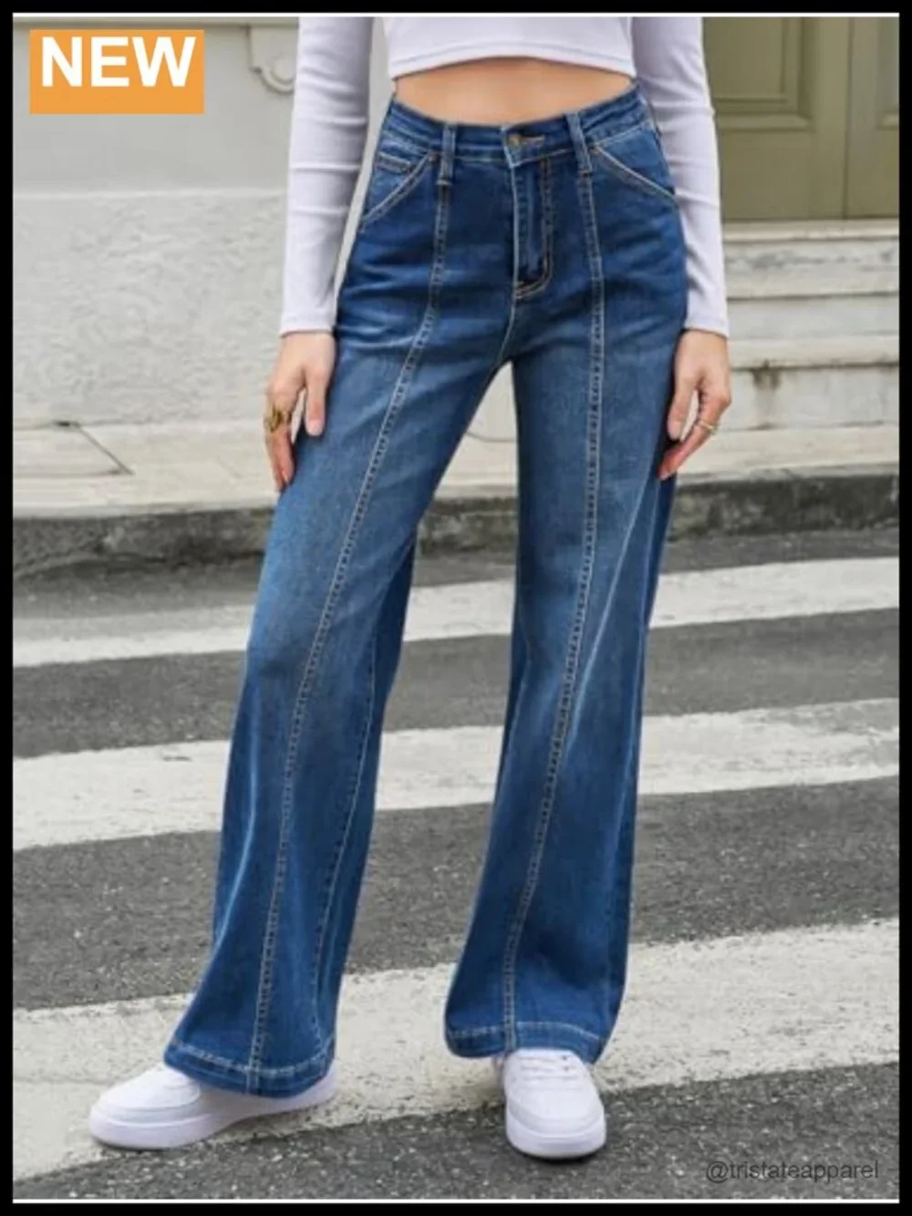 High Waisted Wide Leg Baggy Jeans with Pockets Front Seam Stretch Denim